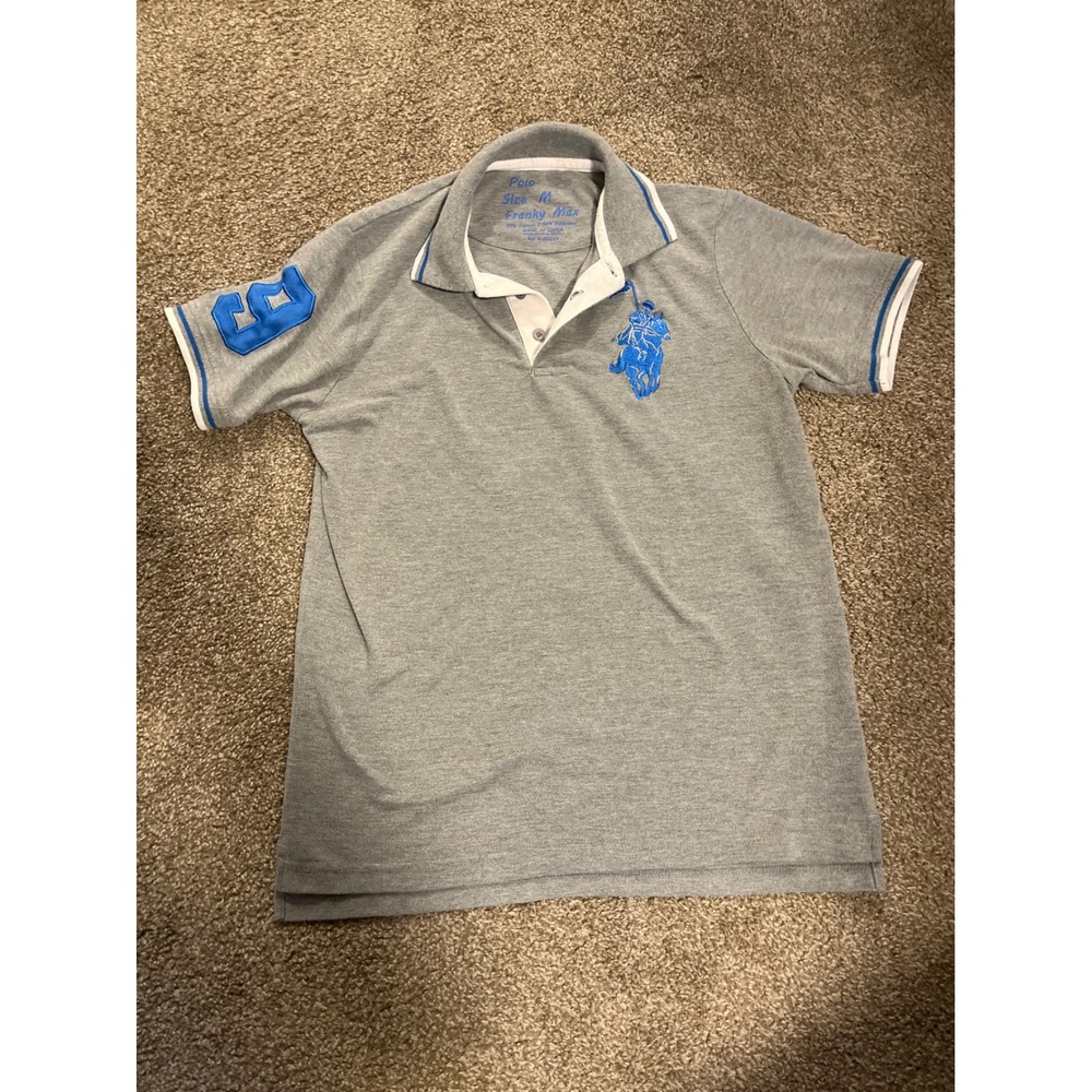 Franky Max Mens Polo Shirt Size M Gray Blue Logo Short Sleeve Casual